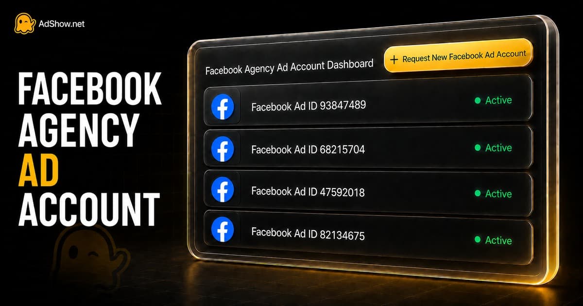AdShow Facebook agency ad account dashboard showing active accounts