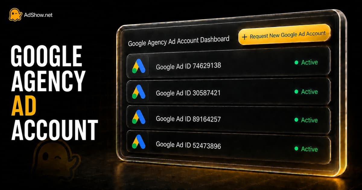 AdShow Google agency ad account dashboard showing active accounts