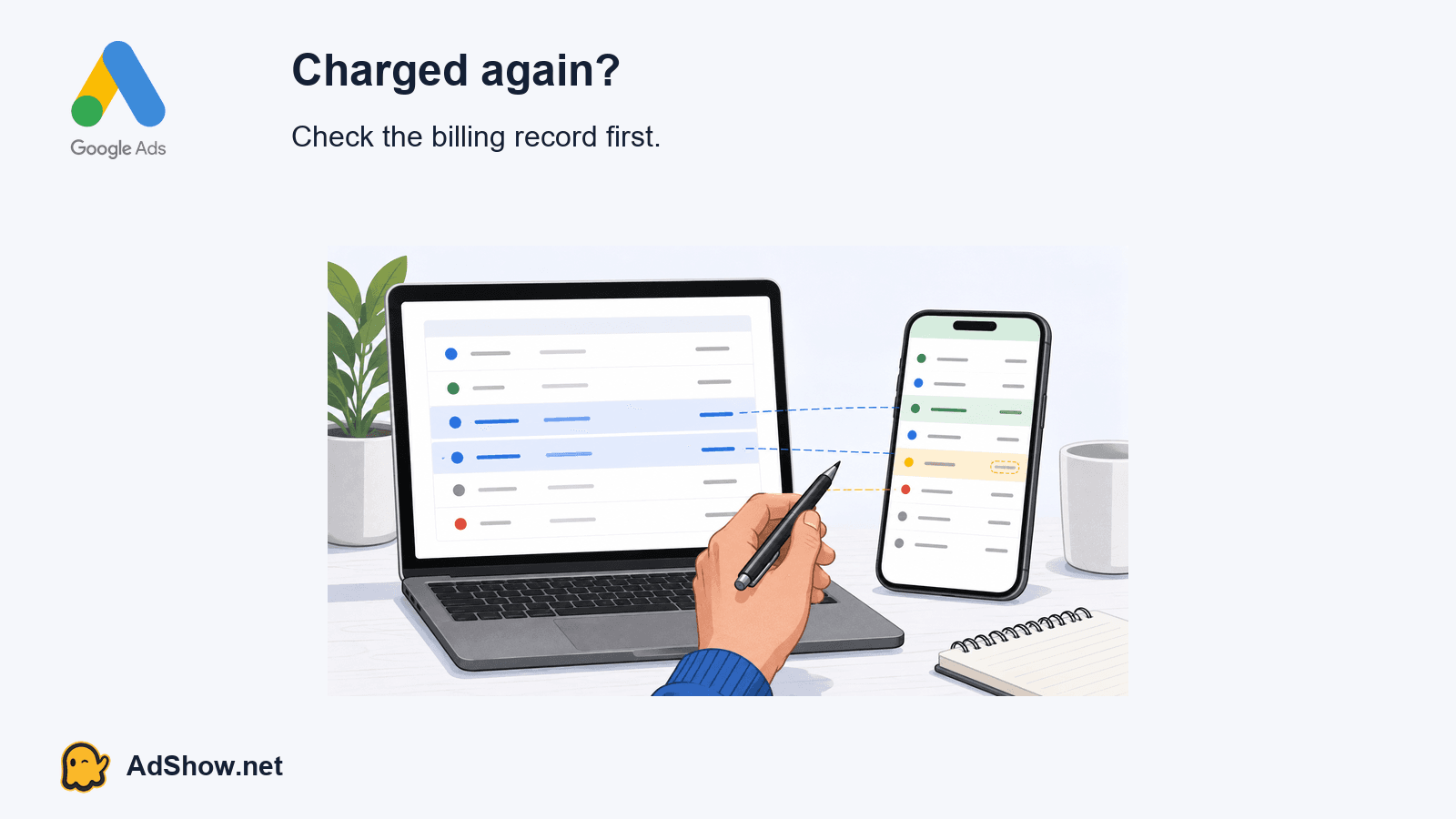 Illustration of an advertiser comparing a bank transaction list with Google Ads billing records