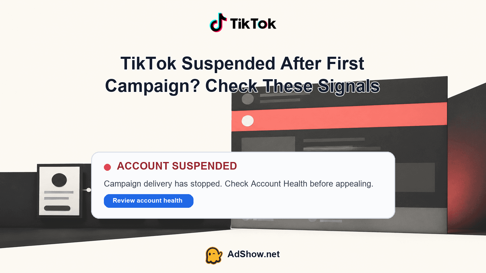 TikTok account suspended after the first campaign — Account Health diagnostic illustration